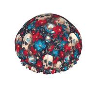 Bonnet de douche pour douche - Tête de mort rouge fleur bleue double couche réutilisable imperméable grand bonnet de douche pour femme avec doublure en PEVA et corde élastique