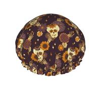 Bonnet de douche pour douche - Tournesols avec tête de mort et main - Grand bonnet de douche réutilisable et imperméable - Bonnet de douche double couche pour femme - Bonnet de douche avec doublure en