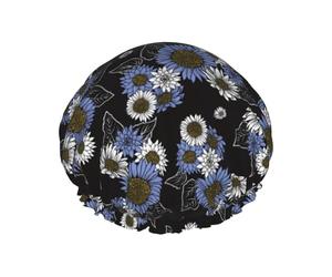 Bonnet de douche pour douche - Tournesols bleus et blancs - Grand bonnet de douche réutilisable et imperméable - Bonnet de douche double couche pour femme - Bonnet de douche avec doublure en PEVA et