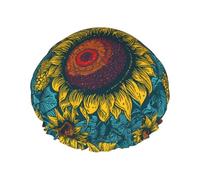 Bonnet de douche pour douche - Tournesols bleus feuilles grand bonnet de douche réutilisable imperméable double couche pour femme Bonnet de douche pour douche avec doublure en PEVA et corde élastique