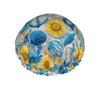 Bonnet de douche pour femme avec imprimé ancre bleue tournesol - Double couche - Bande élastique - Bonnet de bain pour cheveux longs