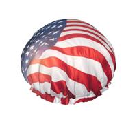 Bonnet de douche pour femme avec imprimé drapeau à rayures et étoiles rouges et blanches - Bonnet de douche élastique réutilisable - Bonnet de douche double couche