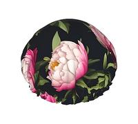 Bonnet de douche pour femme avec imprimé fleurs de pivoine, léger, réutilisable, doux, double couche imperméable, étanche.