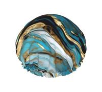Bonnet de douche pour femme avec imprimé marbre bleu turquoise doré léger, réutilisable, doux, double couche, étanche, étanche.