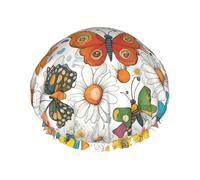 Bonnet de douche pour femme avec imprimé papillon et marguerites - Bonnet de douche élastique réutilisable - Bonnet de douche double couche