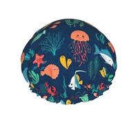 Bonnet de douche pour femme avec imprimé poisson océan, tortue, méduse, réutilisable, imperméable, double couche, confortable