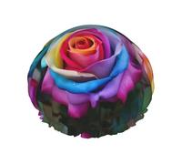 Bonnet de douche pour femme avec imprimé roses arc-en-ciel - Bonnet de douche élastique réutilisable - Bonnet de douche double couche