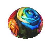 Bonnet de douche pour femme avec imprimé roses arc-en-ciel - Bonnet de douche élastique réutilisable - Bonnet de douche double couche