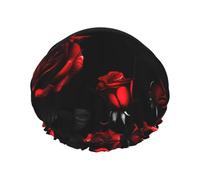 Bonnet de douche pour femme avec imprimé roses rouges et noires, léger, réutilisable, doux, double couche, étanche, étanche.