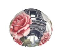 Bonnet de douche pour femme avec imprimé Tour Eiffel et roses - Bonnet de douche élastique réutilisable - Bonnet de douche double couche
