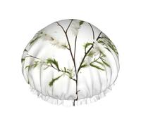 Bonnet de douche pour femme avec motif de brindilles vertes naturelles blanches, léger, réutilisable, doux, double couche, étanche, étanche.