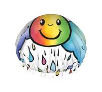 Bonnet de douche pour femme avec motif gouttes de pluie et nuages arc-en-ciel, léger, réutilisable, doux, double couche imperméable, étanche.