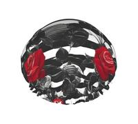 Bonnet de douche pour femme avec rayures noires et blanches et roses rouges - Bonnet de douche élastique réutilisable - Bonnet de douche double couche