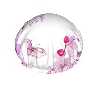 Bonnet de douche pour femme - Imprimé fleurs roses et papillons - Grande bande élastique lavable