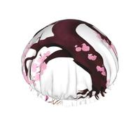 Bonnet de douche pour femme motif arbre de cerisier - Imperméable - Réutilisable - Avec cordon élastique lavable - Convient pour les cheveux longs et les tresses, idéal pour la douche.