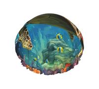 Bonnet de douche pour femme - Motif dauphins - Tortue de mer - Double couche - Épais - Réutilisable - Imperméable - Avec bande élastique - Lavable - Pour homme et femme
