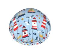 Bonnet de douche pour femme, motif mouette, phare, ancre, réutilisable, double couche, bande élastique, bonnet de bain pour cheveux longs pour douche
