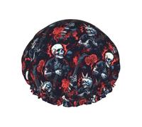 Bonnet de douche pour femme, motif tête de mort, guitare, rose, réutilisable, double couche, bande élastique, bonnet de bain pour cheveux longs pour douche