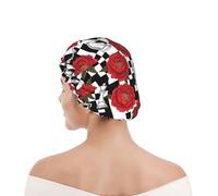 Bonnet de Douche pour Femme Pivoines rouges échiquier noir et blanc fleur | de cheval Bonnet de Bain pour soins capillaires Confortable Charlotte Cheveux Réutilisable Bonnet de Douche pour