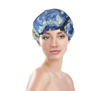 Bonnet de douche pour femme, réutilisable, imperméable, double couche, bande élastique, bonnet de bain pour cheveux longs, bonnet de bain pour cheveux la nuit étoilée pour la douche
