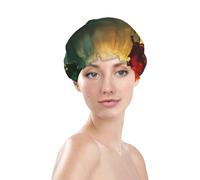 Bonnet de douche pour femme, réutilisable, imperméable, double couche, bande élastique, bonnet de bain pour cheveux longs, château, rouge, vert, ciel, dragon
