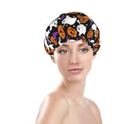 Bonnet de douche pour femme, réutilisable, imperméable, double couche, bande élastique, bonnet de bain pour cheveux longs, fantômes d'Halloween, citrouilles