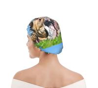 Bonnet de douche pour femmes et hommes UK réutilisable imperméable avec élastique imprimé Bulldogs anglais Chiens fatigués Animaux de compagnie sur la pelouse Anglais