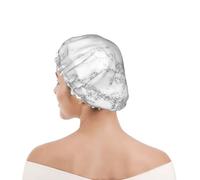 Bonnet de douche pour femmes et hommes UK réutilisable imperméable avec élastique imprimé Élégant Chic Blanc Gris Argent Paillettes Marbre