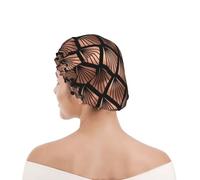 Bonnet de douche pour femmes et hommes UK réutilisable imperméable avec élastique imprimé Éventails Art Déco en or rose sur fond noir