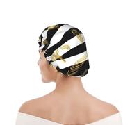 Bonnet de douche pour femmes et hommes UK réutilisable imperméable avec élastique imprimé Feuille d'or rayée noire et blanche