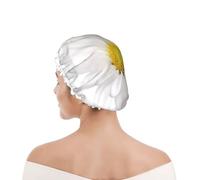 Bonnet de douche pour femmes et hommes UK réutilisable imperméable avec élastique imprimé Fleur de marguerite blanche avec un cœur jaune vif