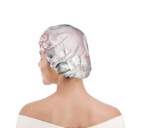 Bonnet de douche pour femmes et hommes UK réutilisable imperméable avec élastique imprimé Fleurs roses aquarelle florale rose feuilles grises éclaboussures
