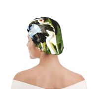Bonnet de douche pour femmes et hommes UK réutilisable imperméable avec élastique imprimé Manger des vaches dans les pâturages d'été