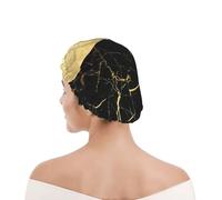 Bonnet de douche pour femmes et hommes UK réutilisable imperméable avec élastique imprimé Marbre doré et noir