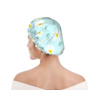 Bonnet de douche pour femmes et hommes UK réutilisable imperméable avec élastique imprimé Marguerite florale délicate bleue et blanche