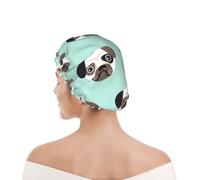 Bonnet de douche pour femmes et hommes UK réutilisable imperméable avec élastique imprimé Modèle pour enfants avec illustration de chiot carlin bleu