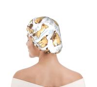 Bonnet de douche pour femmes et hommes UK réutilisable imperméable avec élastique imprimé Motif de fond sans couture avec des chiots carlins drôles et mignons