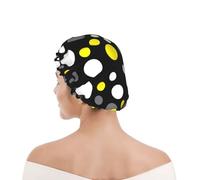 Bonnet de douche pour femmes et hommes UK réutilisable imperméable avec élastique imprimé Pois jaunes, blancs et noirs