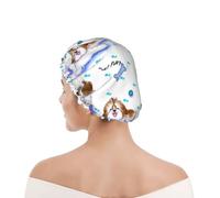 Bonnet de douche pour femmes et hommes UK réutilisable imperméable avec élastique imprimé Shih Tzu rose en petits caractères