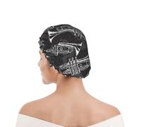 Bonnet de douche pour femmes et hommes UK réutilisable imperméable avec élastique imprimé Trompettes à croquis noir et blanc