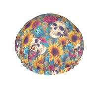 Bonnet de douche pour la douche - Grand bonnet de douche coloré avec tête de mort et tournesol réutilisable, imperméable, double couche pour femme, bonnet de douche pour la douche avec doublure en