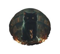Bonnet de douche pour la douche - Halloween chat noir mystérieux carnet de notes double couche réutilisable résistant à l'eau grand bonnet de douche pour femme bonnet de douche avec doublure en PEVA