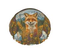 Bonnet de douche Renard dans une prairie fleurie, double couche, réutilisable, imperméable, confortable et élégant