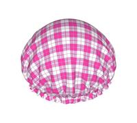 Bonnet de douche réutilisable à carreaux roses, double couche pour la douche à l'eau, bonnet de cheveux non mouillant, grande taille pour toutes les longueurs de cheveux