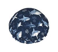 Bonnet de douche réutilisable à double couche avec bande élastique pour cheveux longs Motif requins bleus