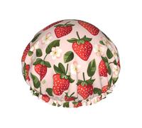 Bonnet de douche réutilisable à double couche avec bande élastique pour femme - Motif fleurs de fraise