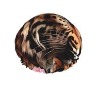 Bonnet de douche réutilisable à double couche avec imprimé léopard et rose, grande taille pour toutes les longueurs de cheveux