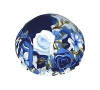 Bonnet de douche réutilisable à motif floral bleu, double couche non mouillant, grande taille pour toutes les longueurs de cheveux