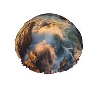 Bonnet de douche réutilisable avec double couche élastique pour cheveux longs Motif pierres bleues océan lever de soleil montagne