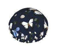 Bonnet de douche réutilisable avec fleurs blanches et papillons bleus, double couche pour la douche à l'eau, bonnet de cheveux non mouillant, grande taille pour toutes les longueurs de cheveux